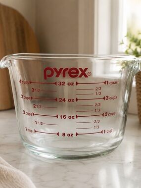 Vintage Pyrex Clear Glass Bowl with Red Measurement Markings